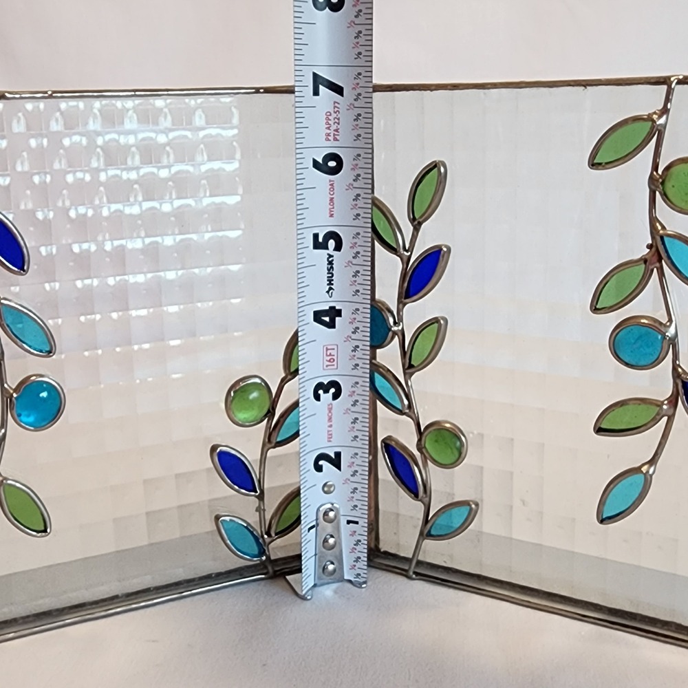 Stained Glass Double Picture Frame Blue Green Botanical Vine Leaf Hinged 5x7 - Picture 5 of 6